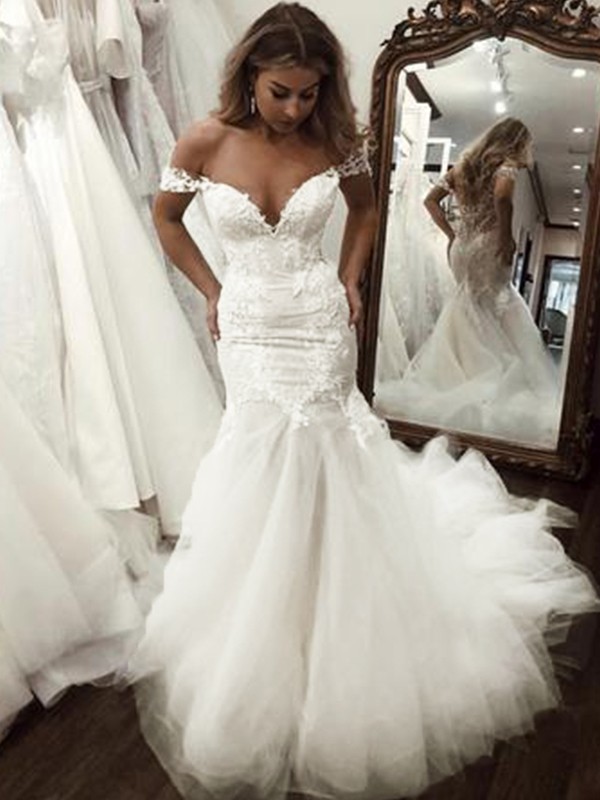 Trumpet/Mermaid Tulle Applique Off-the-Shoulder Sleeveless Sweep/Brush Train Wedding Dresses 1710