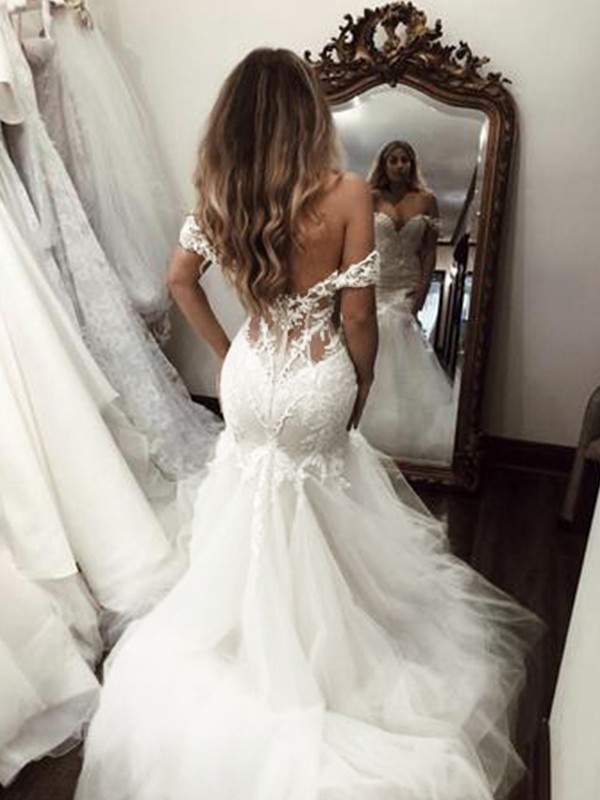 Trumpet/Mermaid Tulle Applique Off-the-Shoulder Sleeveless Sweep/Brush Train Wedding Dresses 1710