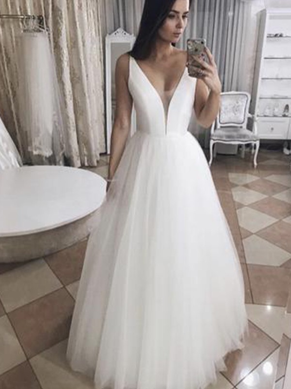 A-Line/Princess Tulle Ruffles V-neck Sleeveless Floor-Length Wedding Dresses 1097