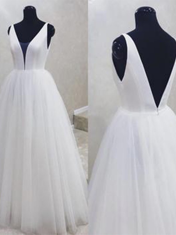 A-Line/Princess Tulle Ruffles V-neck Sleeveless Floor-Length Wedding Dresses 1097