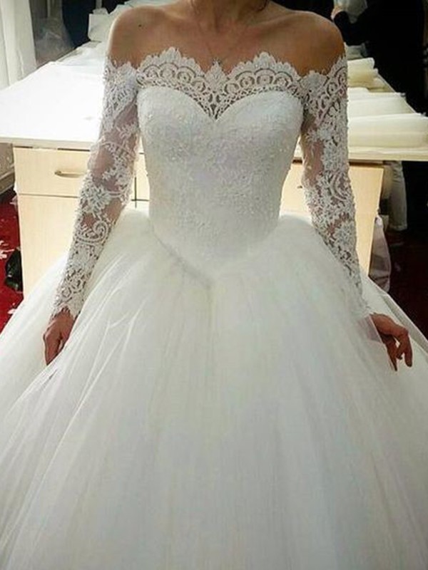 Ball Gown Tulle Applique Off-the-Shoulder Long Sleeves Sweep/Brush Train Wedding Dresses 1295