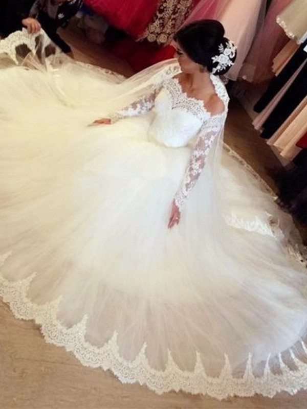 Ball Gown Tulle Applique Off-the-Shoulder Long Sleeves Sweep/Brush Train Wedding Dresses 1295