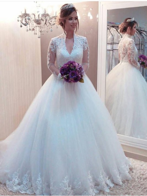 Ball Gown Tulle Applique High Neck Long Sleeves Sweep/Brush Train Wedding Dresses 1292