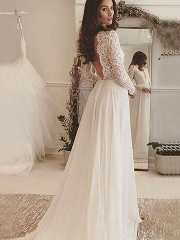 A-Line/Princess Chiffon Lace Scoop Long Sleeves Sweep/Brush Train Wedding Dresses 645