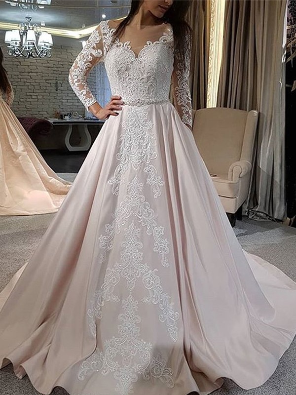 A-Line/Princess Satin Applique V-neck Long Sleeves Sweep/Brush Train Wedding Dresses 788