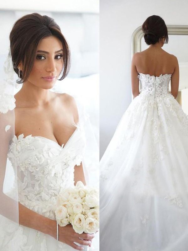 Ball Gown Tulle Applique Sweetheart Sleeveless Sweep/Brush Train Wedding Dresses 1298