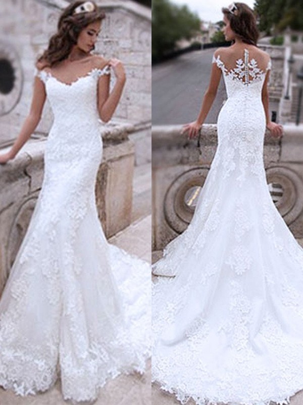 Trumpet/Mermaid Tulle Applique Off-the-Shoulder Sleeveless Sweep/Brush Train Wedding Dresses 1711