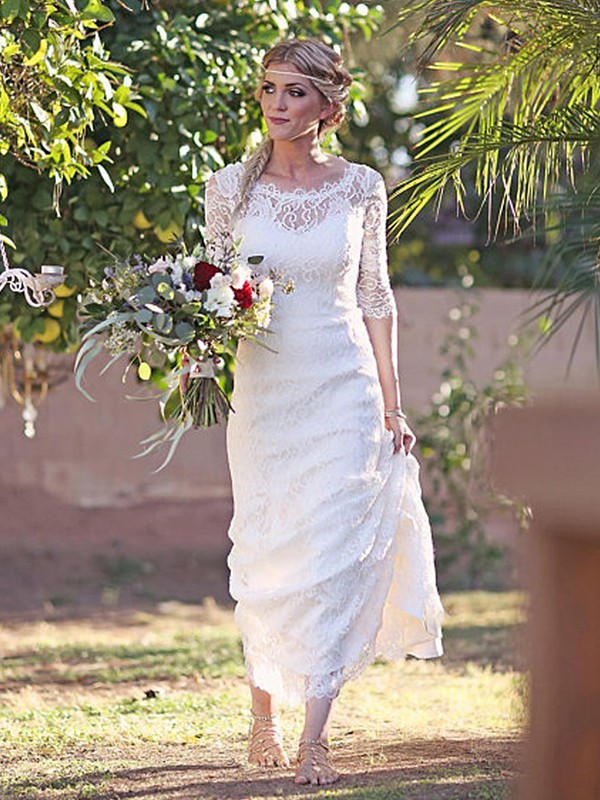 Sheath/Column Lace Bateau 1/2 Sleeves Sweep/Brush Train Wedding Dresses 1381