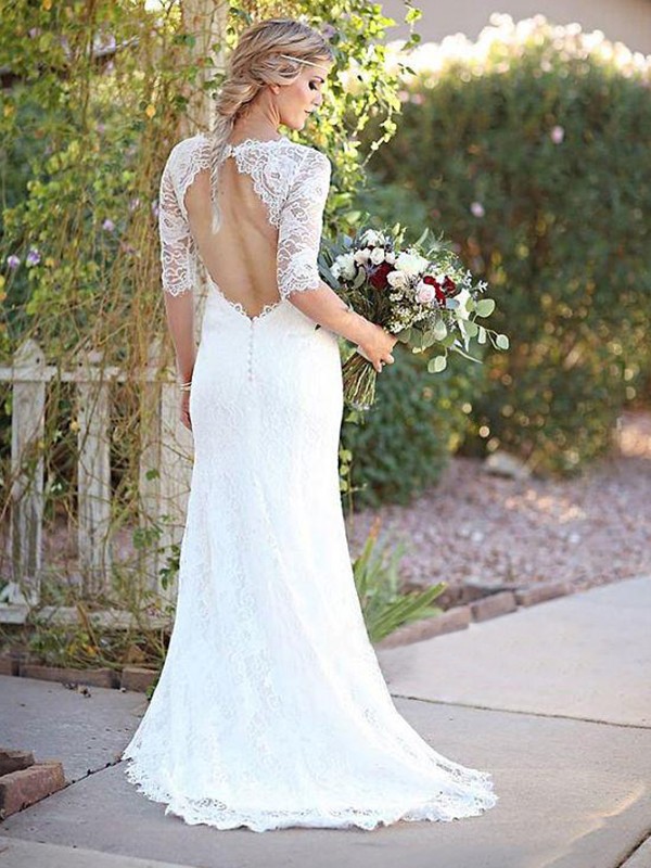 Sheath/Column Lace Bateau 1/2 Sleeves Sweep/Brush Train Wedding Dresses 1381