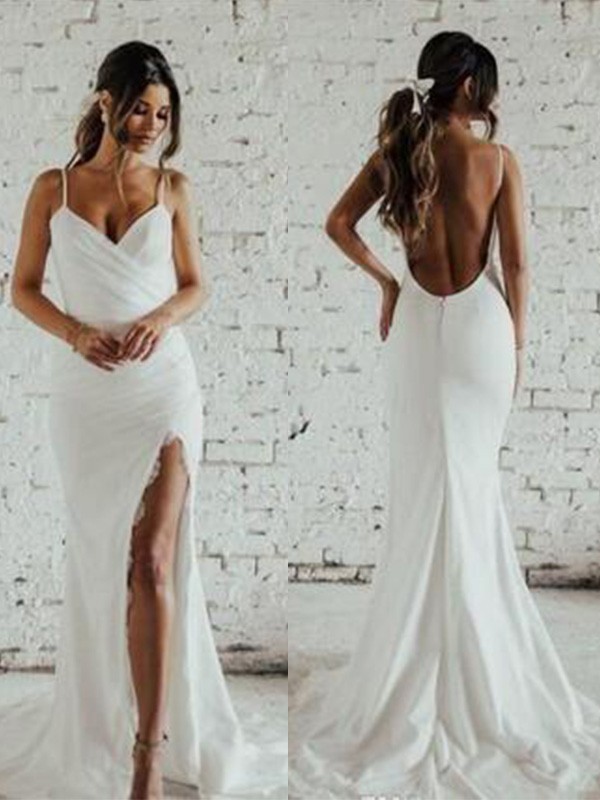 Sheath/Column Spaghetti Straps Ruched Sleeveless Sweep/Brush Train Wedding Dresses 1447