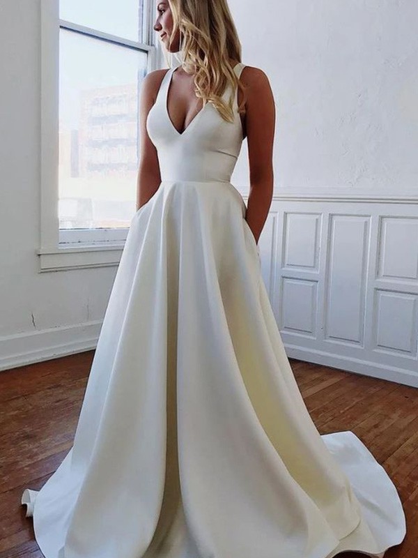 A-Line/Princess V-neck Stretch Crepe Ruffles Sleeveless Sweep/Brush Train Wedding Dresses 1144