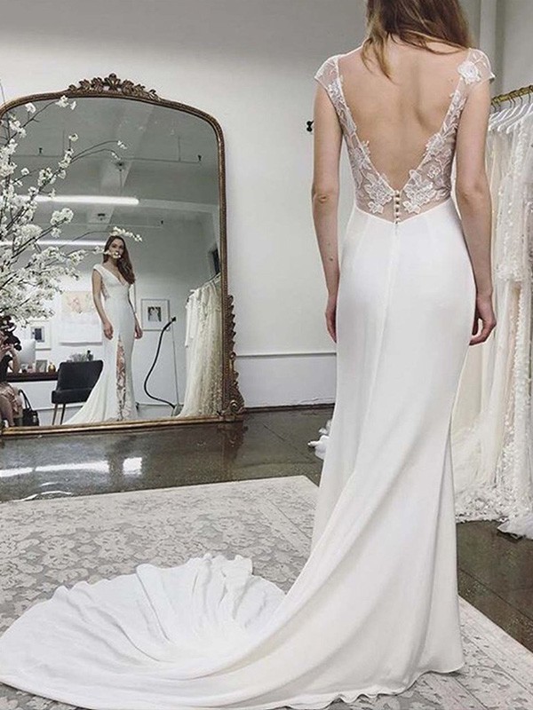 Sheath/Column Stretch Crepe Lace V-neck Sleeveless Court Train Wedding Dresses 1474