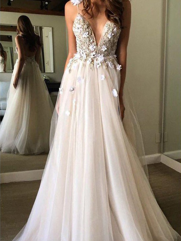 A-Line/Princess Tulle Beading V-neck Sleeveless Floor-Length Wedding Dresses 1045