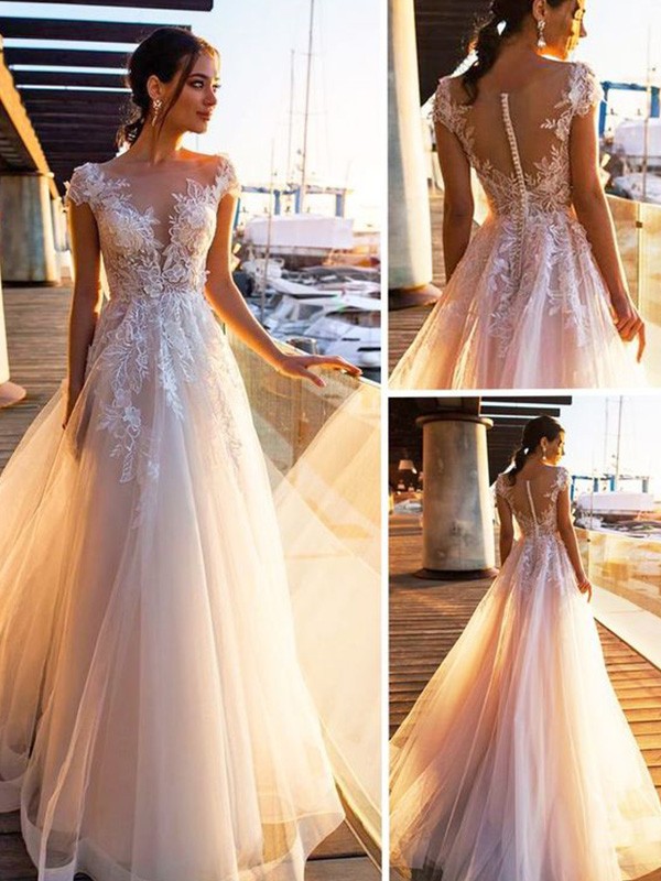 A-Line/Princess Bateau Applique Short Sleeves Sweep/Brush Train Tulle Wedding Dresses 618