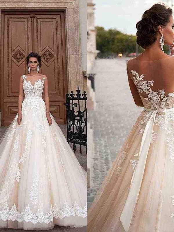 A-Line/Princess Tulle Scoop Applique Sleeveless Court Train Wedding Dresses 1103