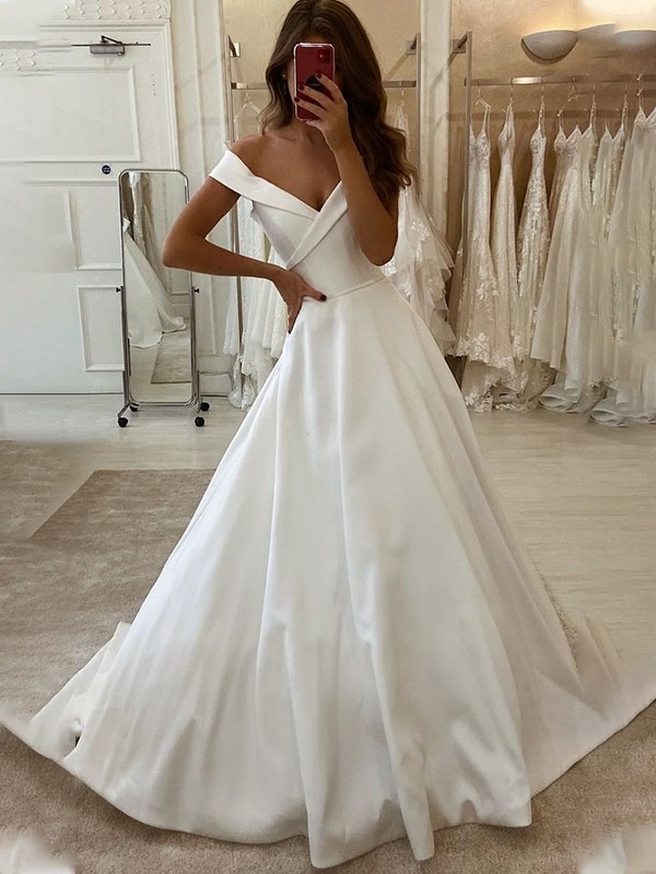 A-Line/Princess Satin Ruffles Off-the-Shoulder Sleeveless Sweep/Brush Train Wedding Dresses 832