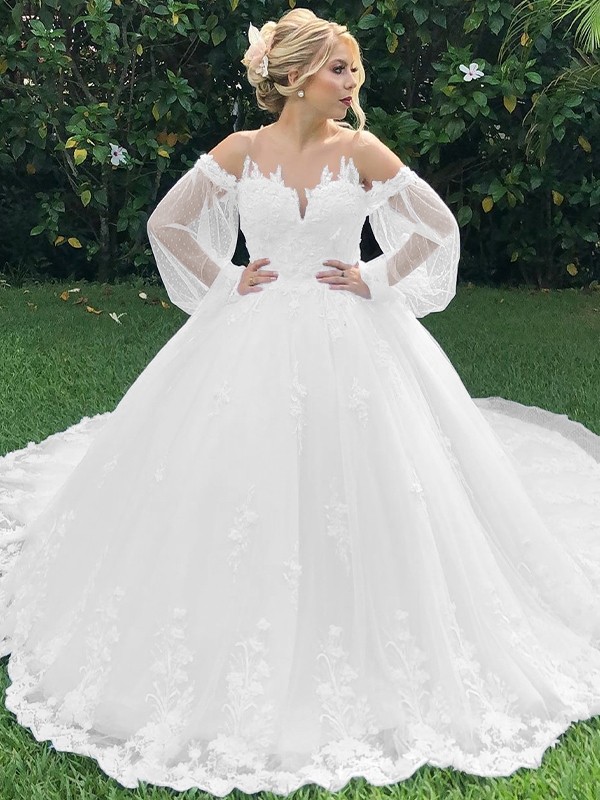 Ball Gown Off-the-Shoulder Long Sleeves Applique Tulle Court Train Wedding Dresses 1208