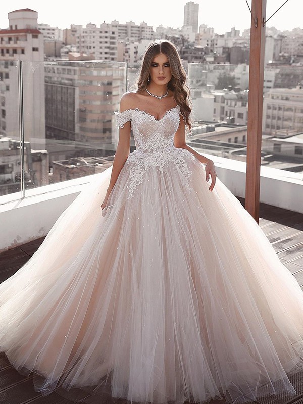 Ball Gown Tulle Off-the-Shoulder Sleeveless Applique Sweep/Brush Train Wedding Dresses 1310