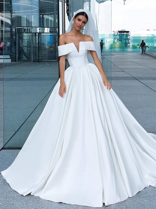 Ball Gown Satin Ruffles Off-the-Shoulder Sleeveless Court Train Wedding Dresses 1227