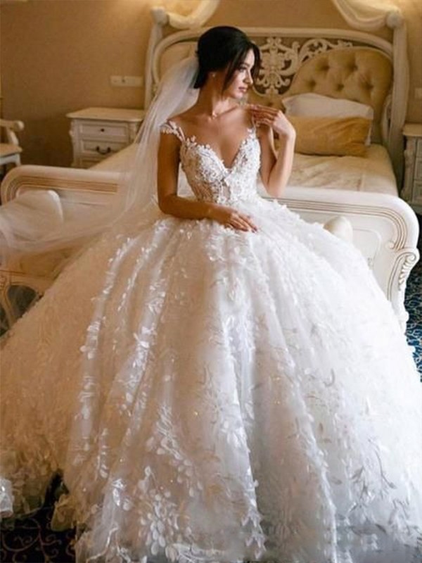 Ball Gown V-neck Tulle Sleeveless Floor-Length Applique Wedding Dresses 1340