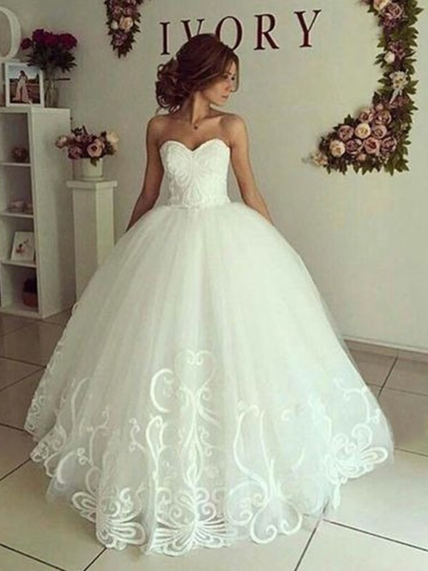 Ball Gown Sweetheart Floor Length Tulle Applique Sleeveless Wedding Dresses 1277