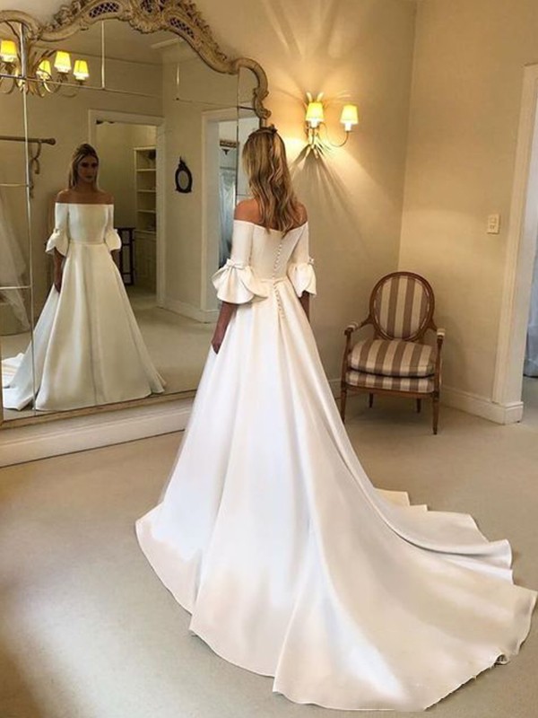 A-Line/Princess Off-the-Shoulder Charmeuse Ruffles 3/4 Sleeves Court Train Wedding Dresses 761