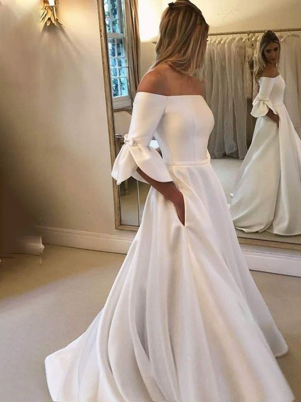 A-Line/Princess Off-the-Shoulder Charmeuse Ruffles 3/4 Sleeves Court Train Wedding Dresses 761