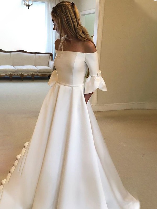 A-Line/Princess Off-the-Shoulder Charmeuse Ruffles 3/4 Sleeves Court Train Wedding Dresses 761