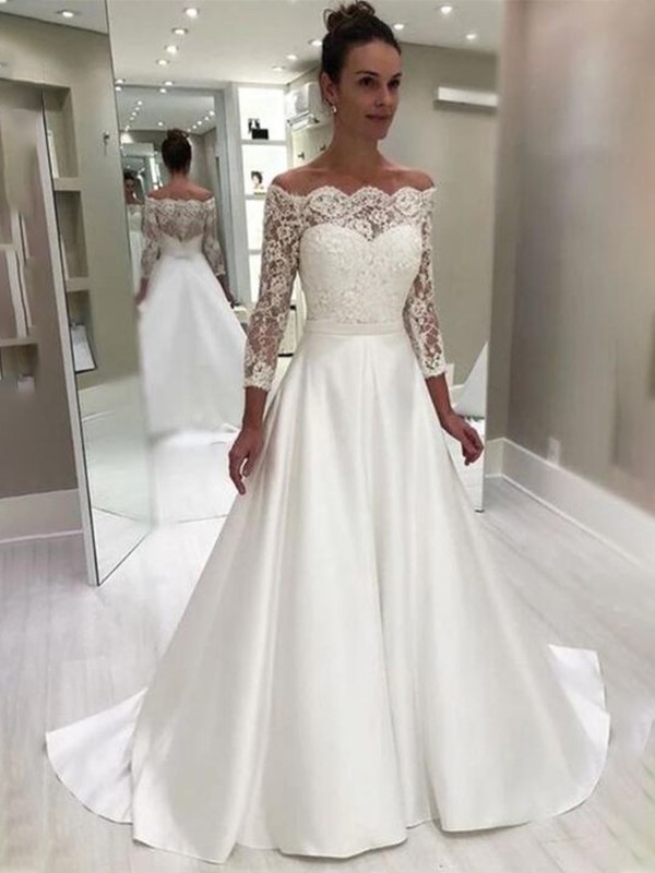 A-Line/Princess Satin 3/4 Sleeves Lace Sweep/Brush Train Off-the-Shoulder Wedding Dresses 787