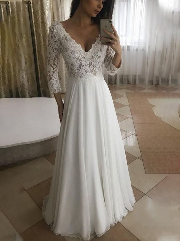 A-Line/Princess Chiffon Applique 3/4 Sleeves V-neck Floor-Length Wedding Dresses 631