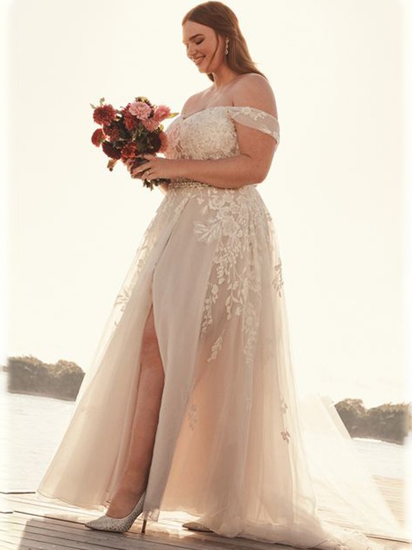 A-Line/Princess Tulle Off-the-Shoulder Applique Sleeveless Sweep/Brush Train Wedding Dresses 1078