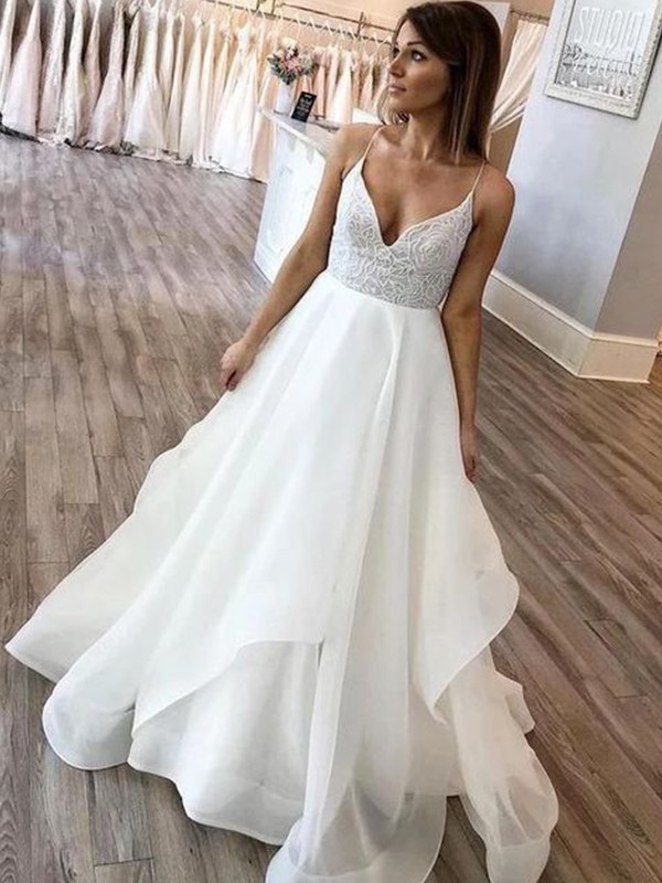 A-Line/Princess Spaghetti Straps Chiffon Ruffles Sweep/Brush Train Sleeveless Wedding Dresses 923