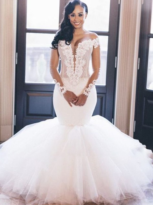 Trumpet/Mermaid Off-the-Shoulder Long Sleeves Applique Tulle Floor-Length Wedding Dresses 1605