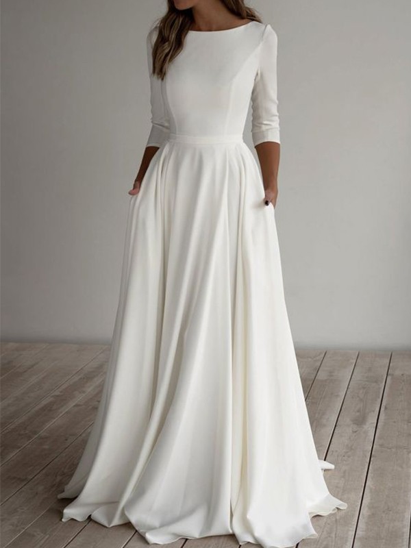 A-Line/Princess Stretch Crepe Ruffles Scoop 3/4 Sleeves Floor-Length Wedding Dresses 945