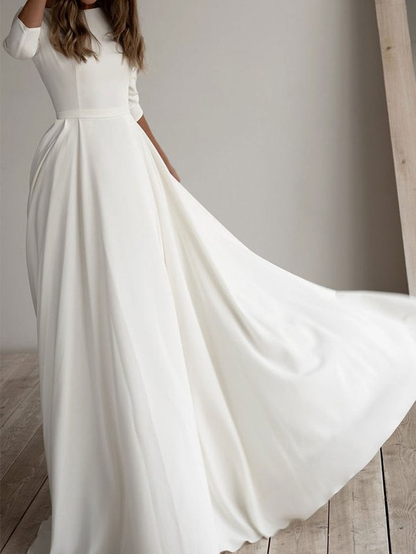 A-Line/Princess Stretch Crepe Ruffles Scoop 3/4 Sleeves Floor-Length Wedding Dresses 945