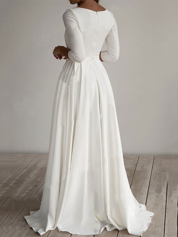 A-Line/Princess Stretch Crepe Ruffles Scoop 3/4 Sleeves Floor-Length Wedding Dresses 945