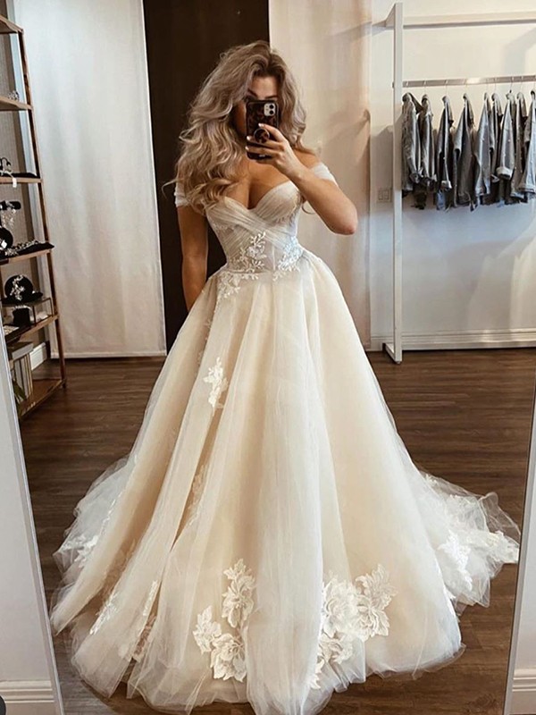 A-Line/Princess Tulle Off-the-Shoulder Applique Sleeveless Sweep/Brush Train Wedding Dresses 1079