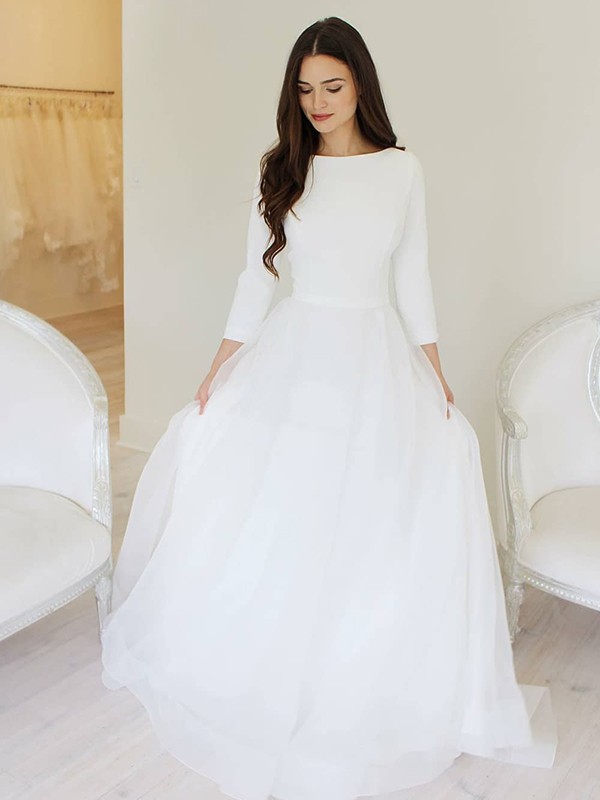 A-Line/Princess Tulle Ruffles Scoop Long Sleeves Floor-Length Wedding Dresses 1090