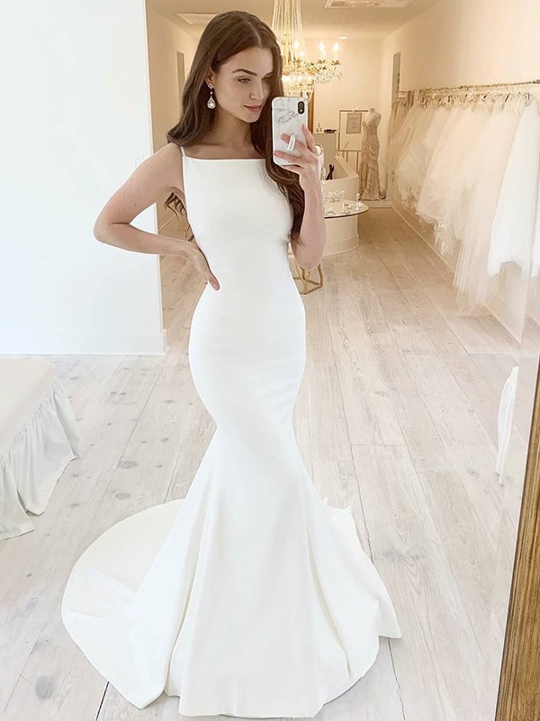 Trumpet/Mermaid Stretch Crepe Square Sleeveless Ruffles Sweep/Brush Train Wedding Dresses 1622