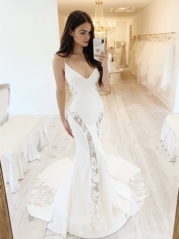 Trumpet/Mermaid Satin Lace V-neck Sleeveless Sweep/Brush Train Wedding Dresses 1615