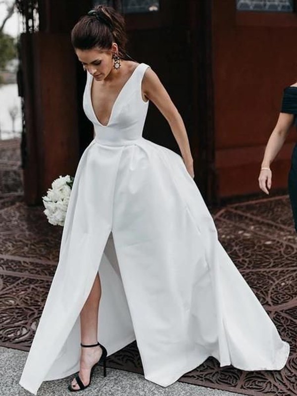 A-Line/Princess Sleeveless Satin Ruffles V-neck Floor-Length Wedding Dresses 898