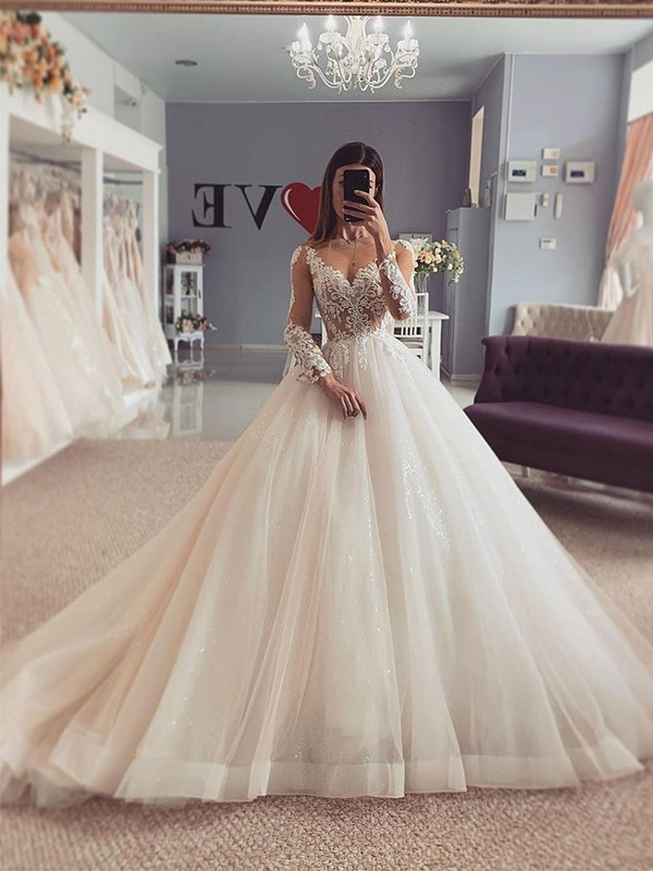 Ball Gown Organza Applique V-neck Long Sleeves Court Train Wedding Dresses 1217