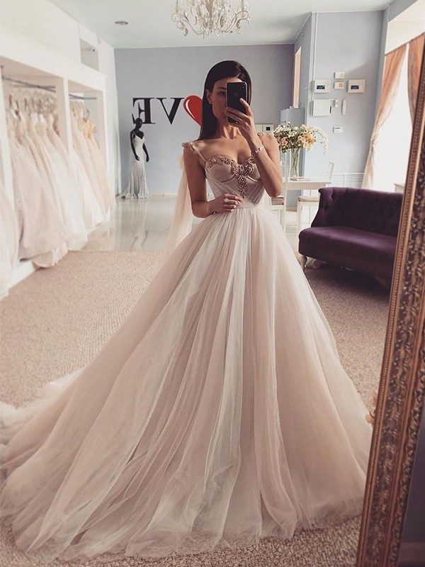 Ball Gown Sweetheart Tulle Ruffles Sleeveless Sweep/Brush Train Wedding Dresses 1290