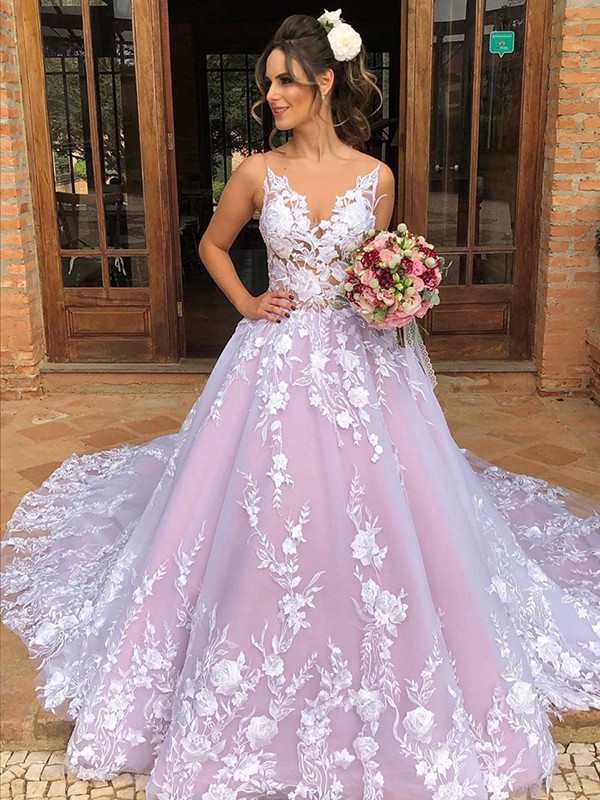 Ball Gown Lace Applique V-neck Sleeveless Court Train Wedding Dresses 1188