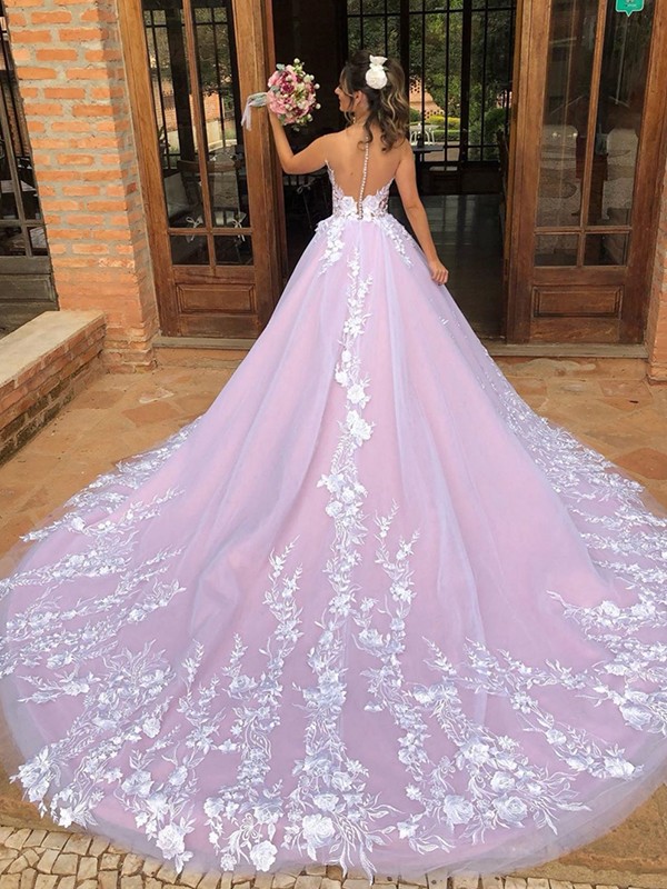 Ball Gown Lace Applique V-neck Sleeveless Court Train Wedding Dresses 1188