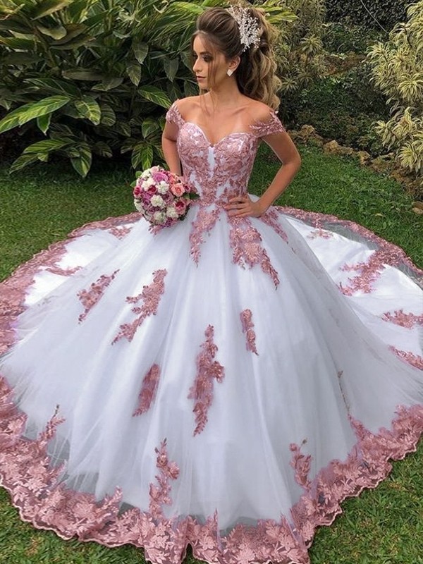 Ball Gown Lace Applique Off-the-Shoulder Sleeveless Sweep/Brush Train Wedding Dresses 1186