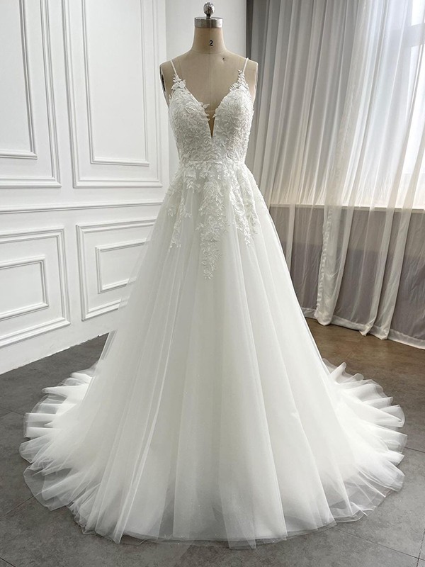 A-Line/Princess Tulle Applique V-neck Sleeveless Sweep/Brush Train Wedding Dresses 1036