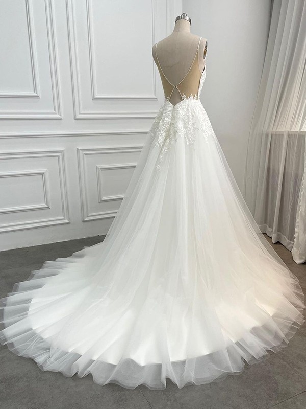 A-Line/Princess Tulle Applique V-neck Sleeveless Sweep/Brush Train Wedding Dresses 1036