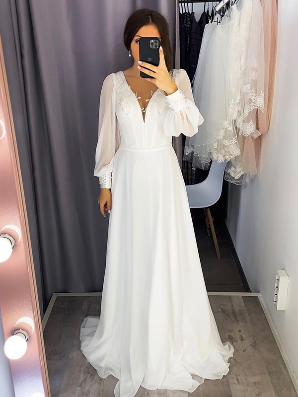 A-Line/Princess Chiffon Ruffles V-neck Long Sleeves Sweep/Brush Train Wedding Dresses 672