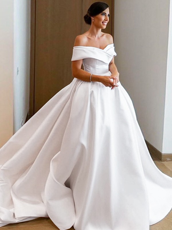 A-Line/Princess Satin Ruffles Off-the-Shoulder Sleeveless Chapel Train Wedding Dresses 833